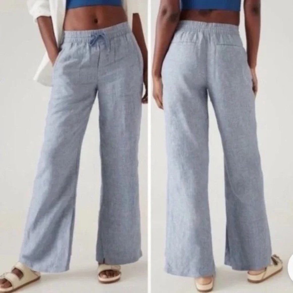 Athleta Light Blue Petite Wide Leg Linen-Blend Pants